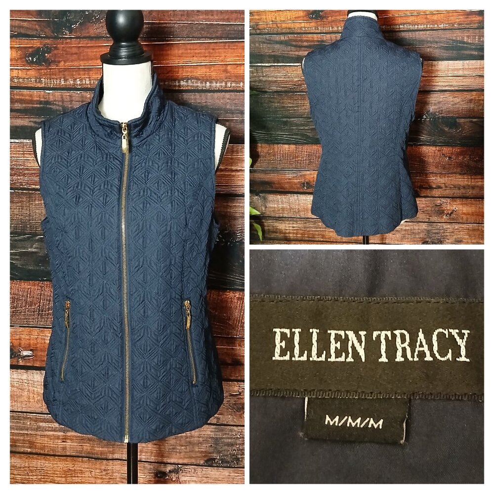 Ellen Tracy Vest M Quilted Navy Blue Full Zip Lined Gold Zipped Pockets